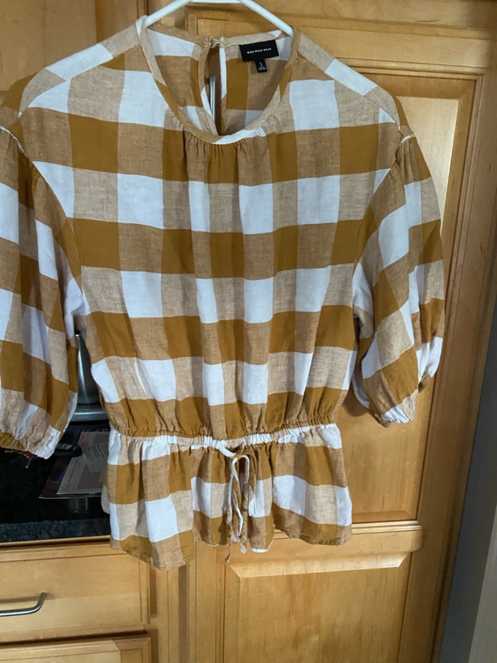 Who What Wear Mustard and White Check Blouse